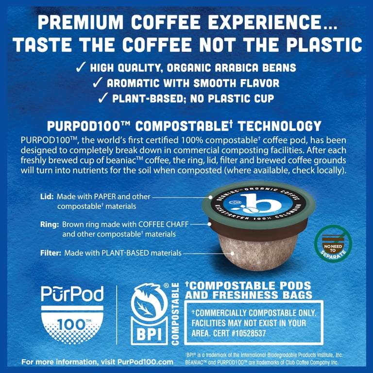 Beaniac Organic Kickstarter 100% Colombian, Medium Light Roast, Single Serve Compostable K Cup Coffee Pods, Organic Arabica Coff