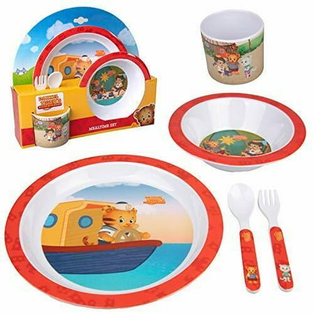 

Daniel Tiger 5 Pc Mealtime Feeding Set for Kids and Toddlers - Includes Plate Bowl Cup Fork and Spoon Utensil Flatware - Durable Dishwasher Safe BPA Free (Red)