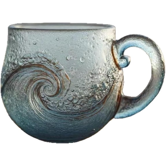 Handblown Sea Wave Glass Mug, 12 oz, Textured Ocean Design, for Coffee, Tea, and Cocktails