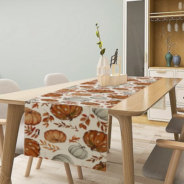 Autumn Pumpkin And Maple Leaf Printed Table Runner Thanksgiving Atmosphere Tablecloth For Dining Table And TV Cabinet Café Cover Cloth Oval Table Fall Table Runners 48 Inches Long Table Runners Beaded