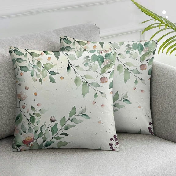 JRXY Eucalyptus Pillow Covers Spring Summer Throw Pillow Covers Set of 2 Watercolor Sage Green Leaves Farmhouse Pillow Case for Sofa Patio Home Decor White
