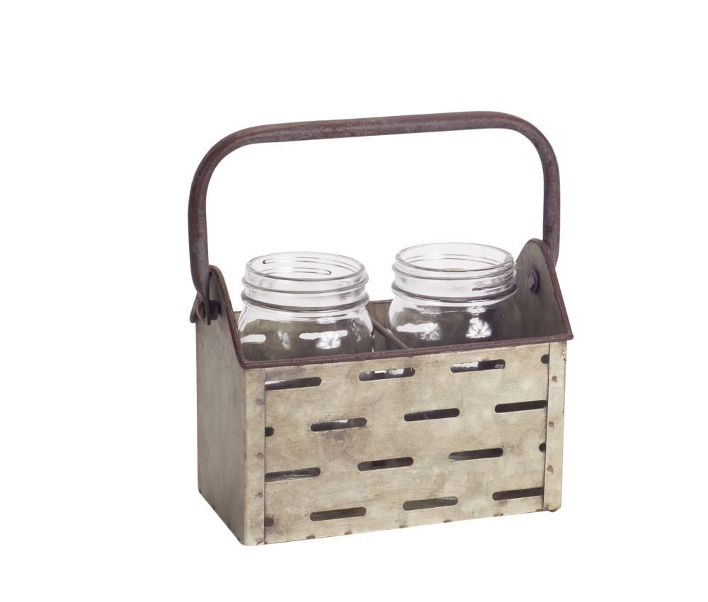 Set of 2 Rustic Decorative Metal Jar Holder with Over Sized Handle 7”L
