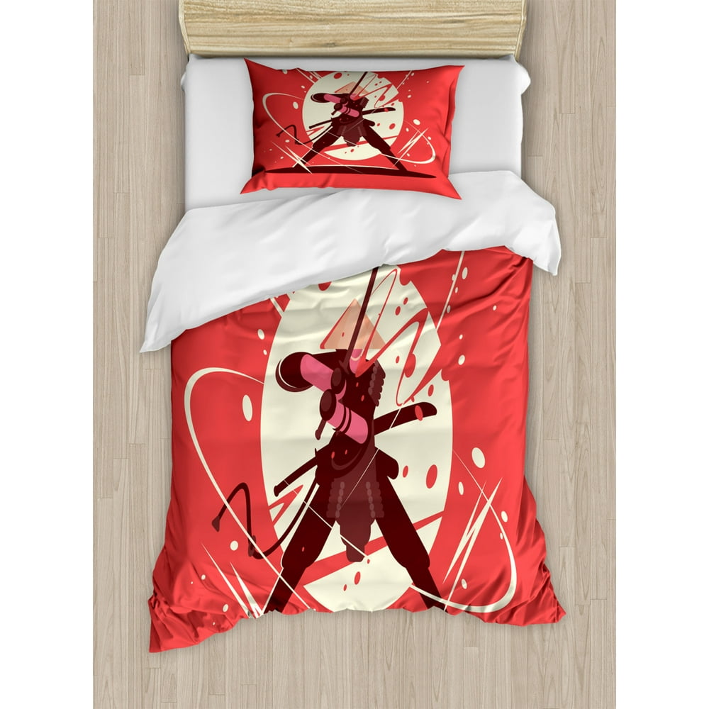 Samurai Twin Size Duvet Cover Set, Oriental Figure with Circular Motif