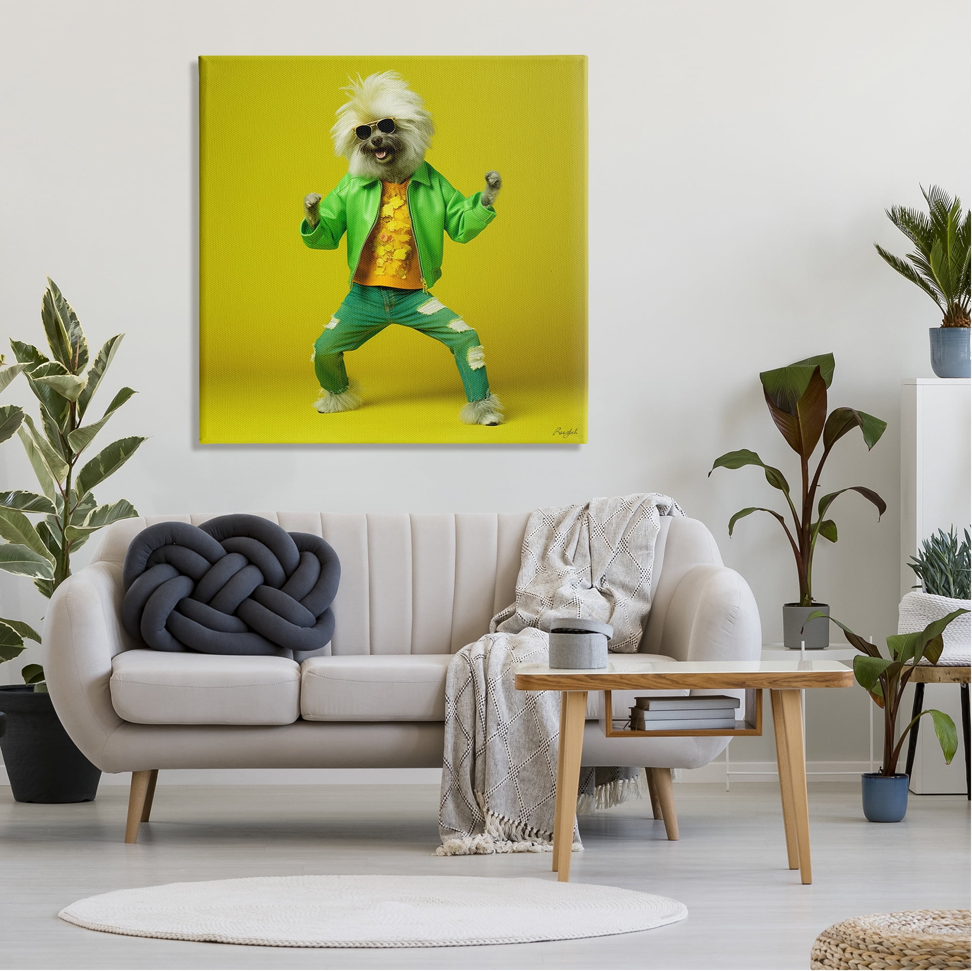 Stupell Industries Dancing Dog in Green Animals & Insects Painting Gallery Wrapped Canvas Art Print Wall Art, 36 x 36