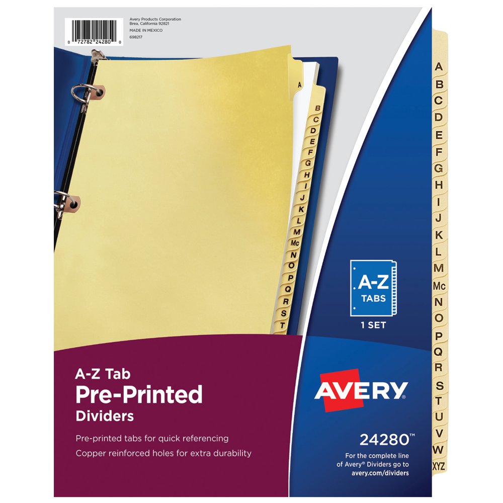 Avery Preprinted Laminated Tab Dividers, Copper Reinforced Holes, AZ
