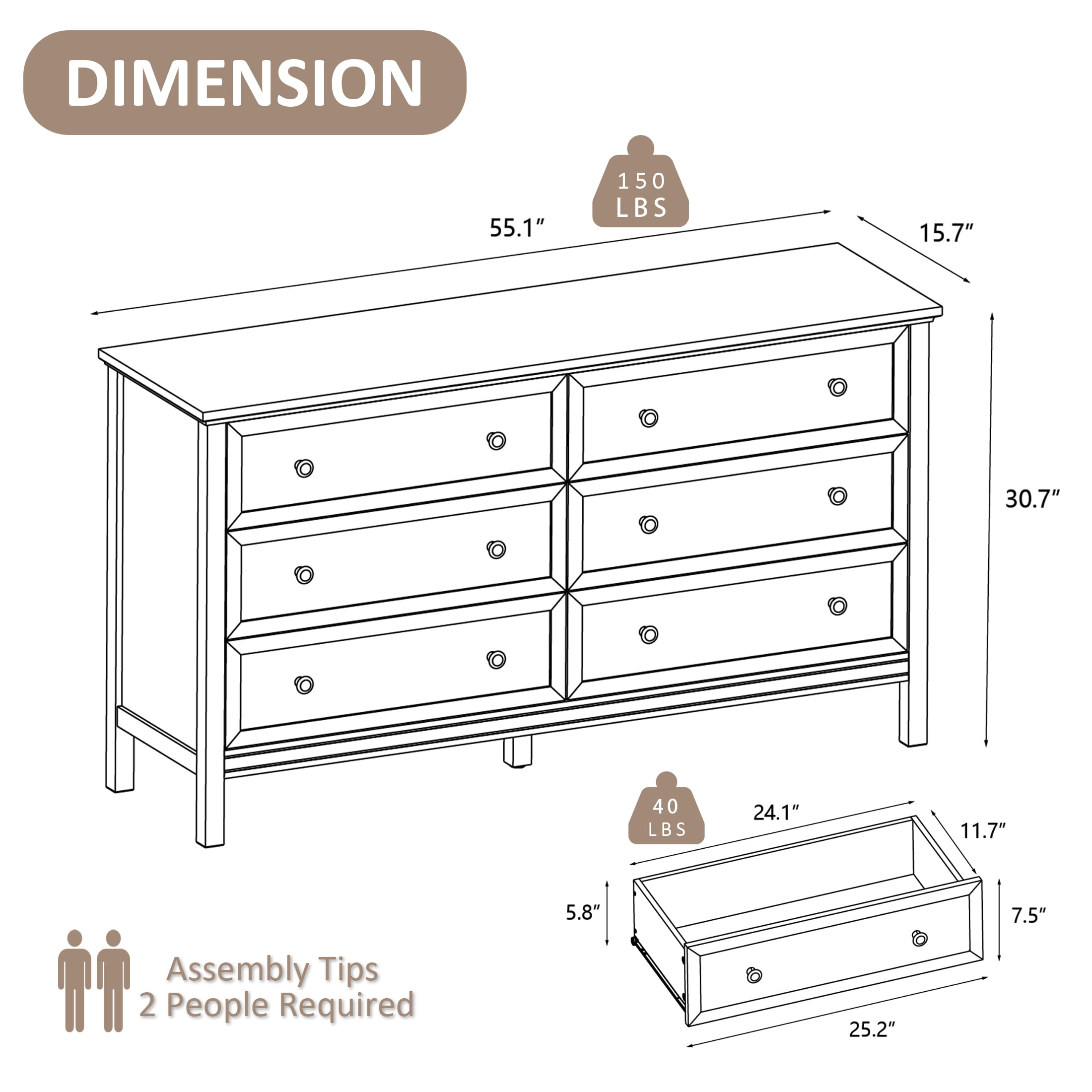YouTrend White Large Dresser with 6 Drawer for Bedroom,Traditional Adult Storage Cabinet with Golden Handles for Living Room,Hallway
