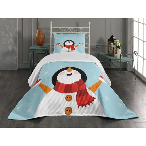 Christmas Coverlet, Happy Smiling Snowman with Ornate Snowflakes Cheering Joyful Graphic Character, 2 Piece Decorative Quilted Bedspread Set with 1 Pillow Sham, Twin Size, Pale Blue, by Ambesonne