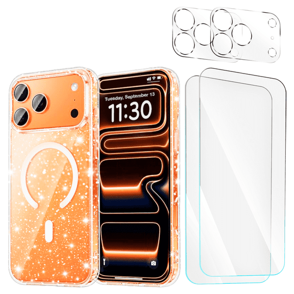 Entronix 5-in-1 Magnetic Glitter Clear Case Compatible with iPhone 17 Pro / iPhone 18 Pro with 2 Screen Protector and 2 Camera Lens Guard