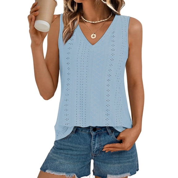 Women Summer Tank Top Eyelet Embroidery 2025 Vacation Sleeveless V Neck Loose Fit Shirt Casual Clothes Blue L
