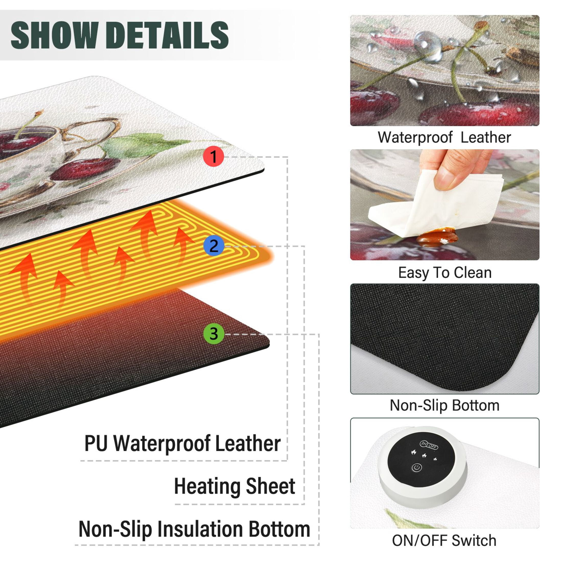 Large Heated Desk Mat Mouse Pad 31.5"x13"PU Leather Graphene Heating Desk Warmer with 3 Temperature Settings 110V US Plug Non-Slip Warm Pad for Home, Office, and Gaming Teacup Filled with Cherries