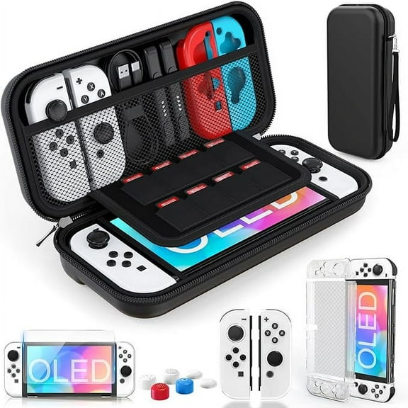 HEYSTOP Switch OLED Case Accessories Kit - Protective Clear Case with 360-Degree Full Protection, HD OLED Screen Protector & Thumb Grip Caps