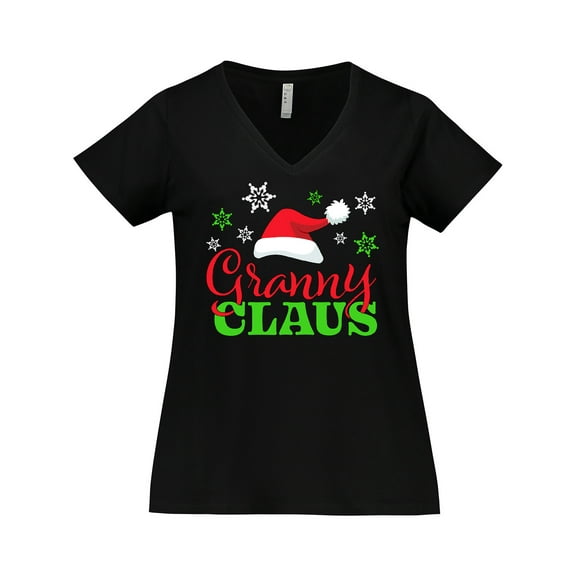 Inktastic Granny Claus with Christmas Santa Hat and Snowflakes Women's Plus Size V-Neck T-Shirt