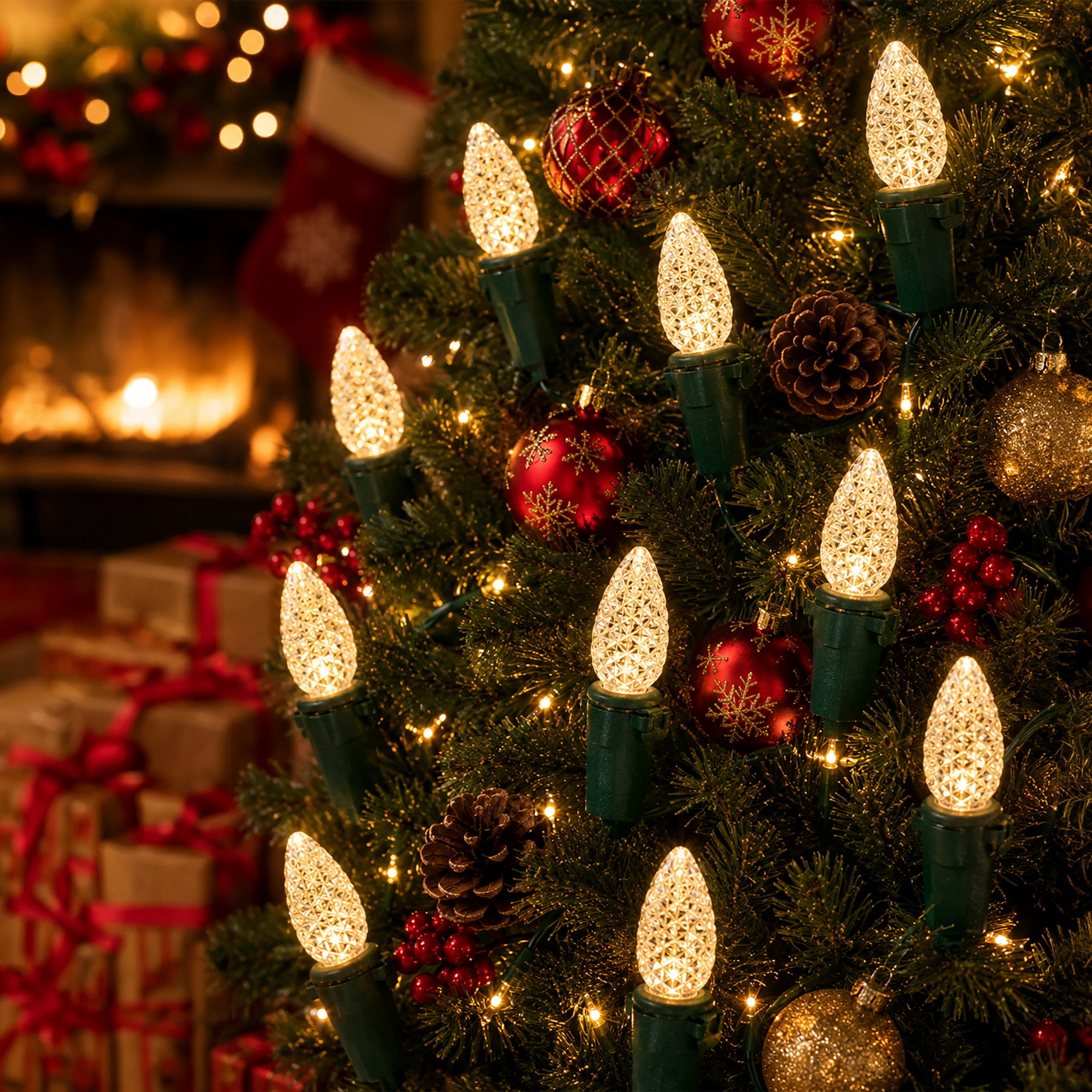 Indoor 20-Count Battery-Operated LED Diamond-Cut C3 Christmas String Lights, Warm White, Green Wire, 6.33', by Holiday Time