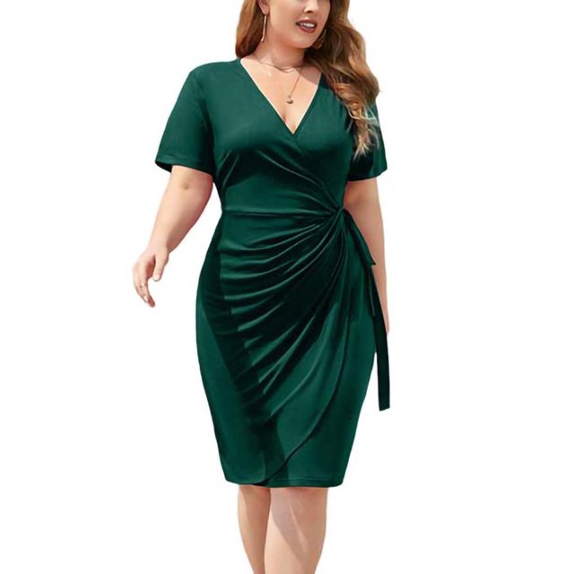 UKAP Ladies Summer Dress Short Sleeve Midi Pleated Oversized Holiday Sundress Green 3XL
