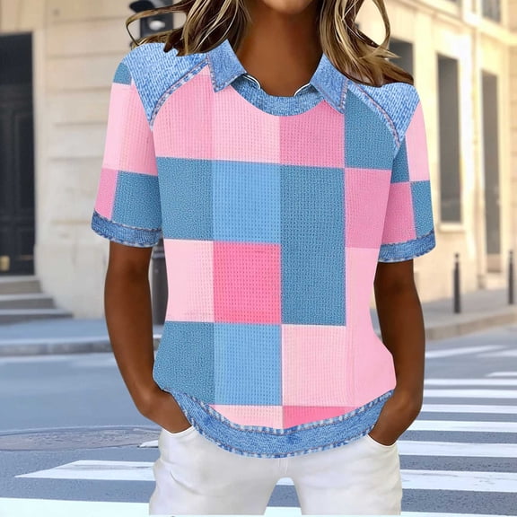 Vekome Casual Shirts for Women Short Sleeves Plus Size Pullover Tops Loose Collared Tee Shirts Plaid Summer Blouses Pink