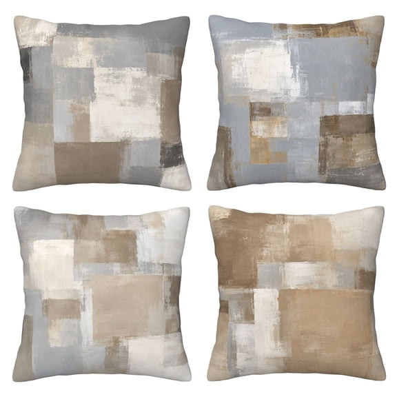 4 Pack Throw Pillow Covers 18x18 Inch, Beige Gray Abstract Decorative Pillow Cases, Soft Short Plush Square Cushion Covers for Couch Sofa, Living Room Bedroom Neutral Modern Home Decor