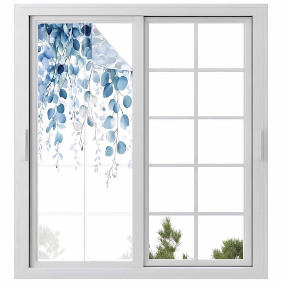 Static Cling Door Window Covering, Teal Blue Eucalyptus Leaves Window Privacy Film Frosted, Spring Farmhouse Botanical UV Blocking Windows Film for Office, Hotel, Bedroom, 29.5 x 78.7 Inches