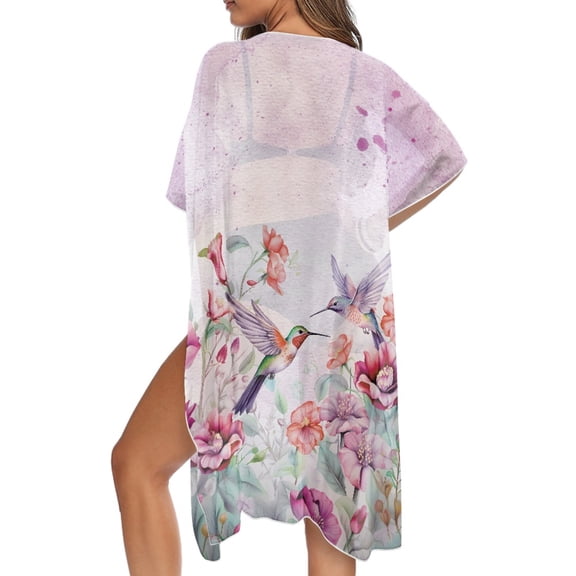 SCRAWLGOD Hummingbird Floral Print Women's Swimsuit Coverup Loose Lightweight Bathing Suit Cover Up Soft Half Sleeve Swimsuit Cover Up for Pool Party