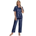thumbnail image 5 of DAKIMOE Silk Satin Pajama Set for Women Short Sleeve Two Piece Button Down Pjs Sleepwear Soft Loungewear Nightwear, Navy Leopard Print, 5 of 8