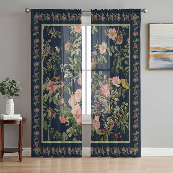 Black Flowers Sheer Curtains 84 Inch Length 2 Panels Set Window Treatments, Spring Floral Elegant Pastoral Vintage Rod Pocket Semi Curtains for Living Room/Bedroom/Kitchen Décor, 104"W x 84"L