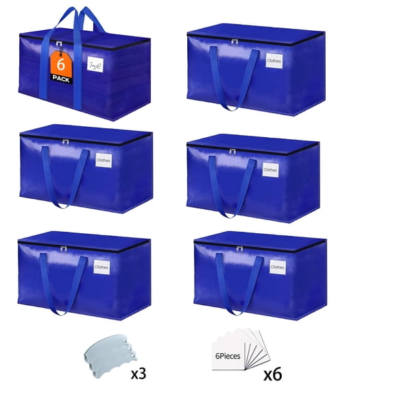 Moving Bags Heavy Duty Extra Large, Moving Storage Bags for Moving, Camping, College Dorm Room Essentials for Girls, Blue Tote Bags, Reinforced Handles and Tag Pocket, Blue,6 Pack