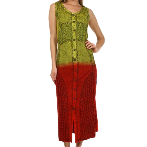 Sakkas 61004 Jasmine Embroidered Button Down Dress - Purple / Pink - One Size - Green / Red - One Size
