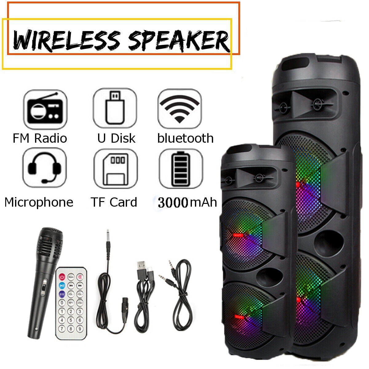 Portable PA Karaoke Bluetooth Speaker w 8" Subwoofer Sound Mic DJ Lights FM 25W 