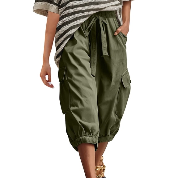 Athletic Workout Womens Cargo Capris Drawstring Elastic Waist Loose Joggers Travel Hiking Summer Casual Pants