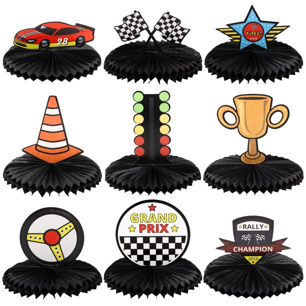 9 piezas de centros de mesa de panal de coche de carreras, decoraciones de mesa de panal de coche de carreras Let's Go, decoración de mesa de carreras de doble cara 3D para suministros de fiesta de cu