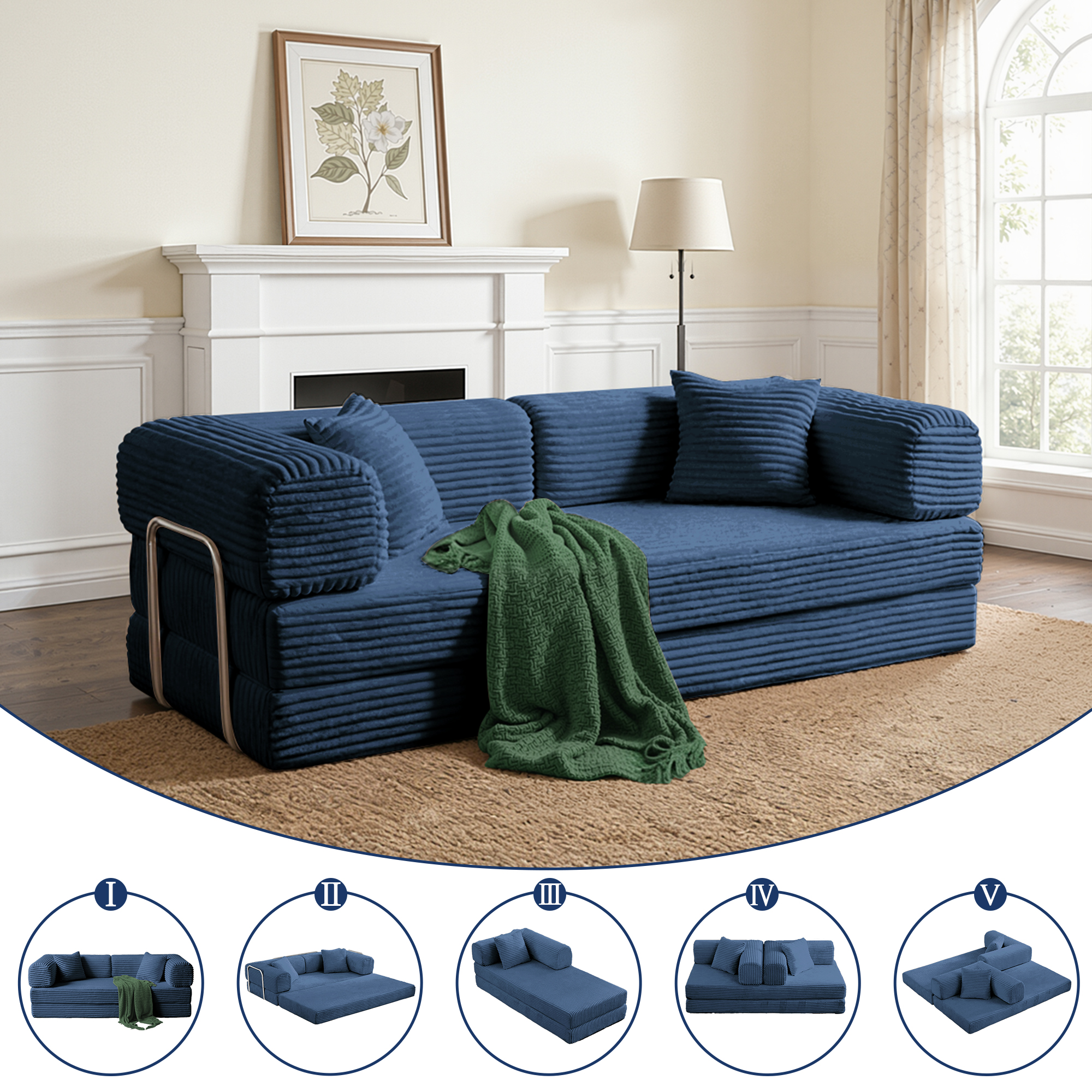 Gewnee Blue 2-in-1 Convertible Corduroy Sofa Bed with High-Density Sponge No Assembly for Apartment Dorm Office