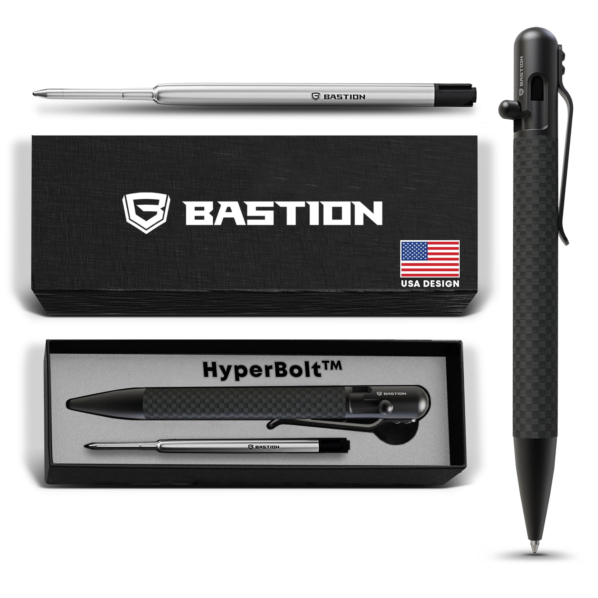 Bastion Carbon Fiber Bolt Action Pen, Black, Ballpoint Refillable, 1 Count