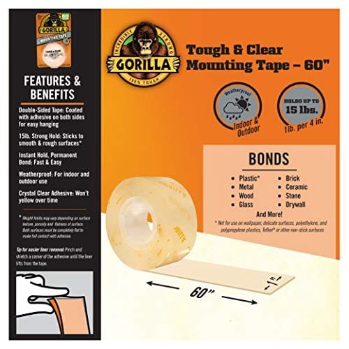 Gorilla Tough & Clear, Double Sided Mounting Tape, Weatherproof, 1" x 60", Clear, Pack of 12 — Residential Use, Standard Application