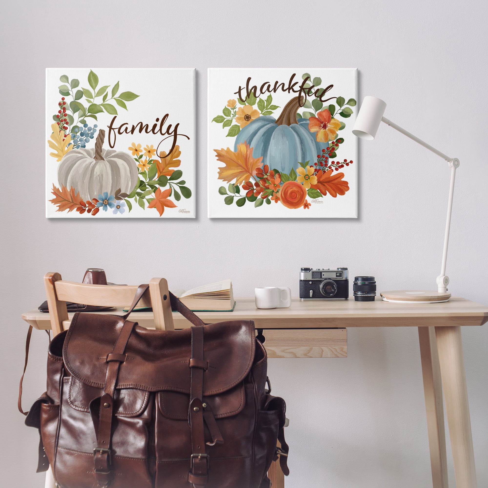 Stupell Industries Family Thankful Fall Pumkin Botanical & Floral Painting Gallery Wrapped Canvas Art Prints Wall Art, 24 x 24, Set of 2