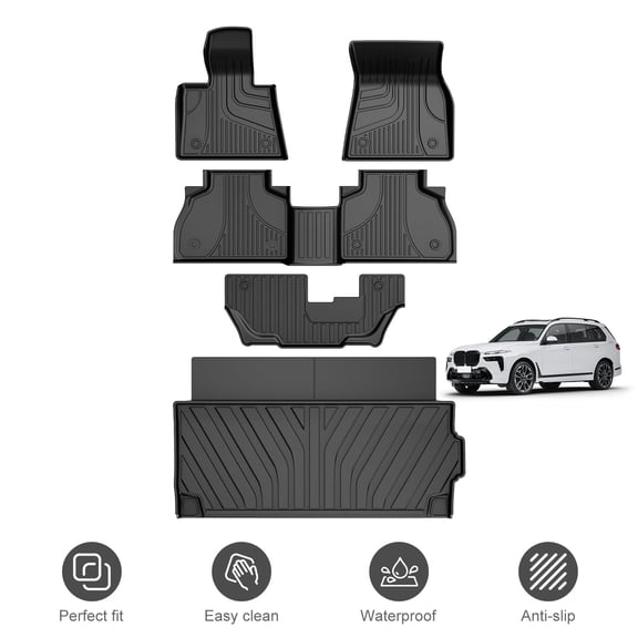 Fit for BMW X7 2019-2026 7-Seater All Weather TPE Floor Mats &Trunk Mat Waterproof Non-Slip Full Set Car Interior Accessories (Only 7-Seater, Not for 2021-2022 X7 50i / 2025 X7 40i)