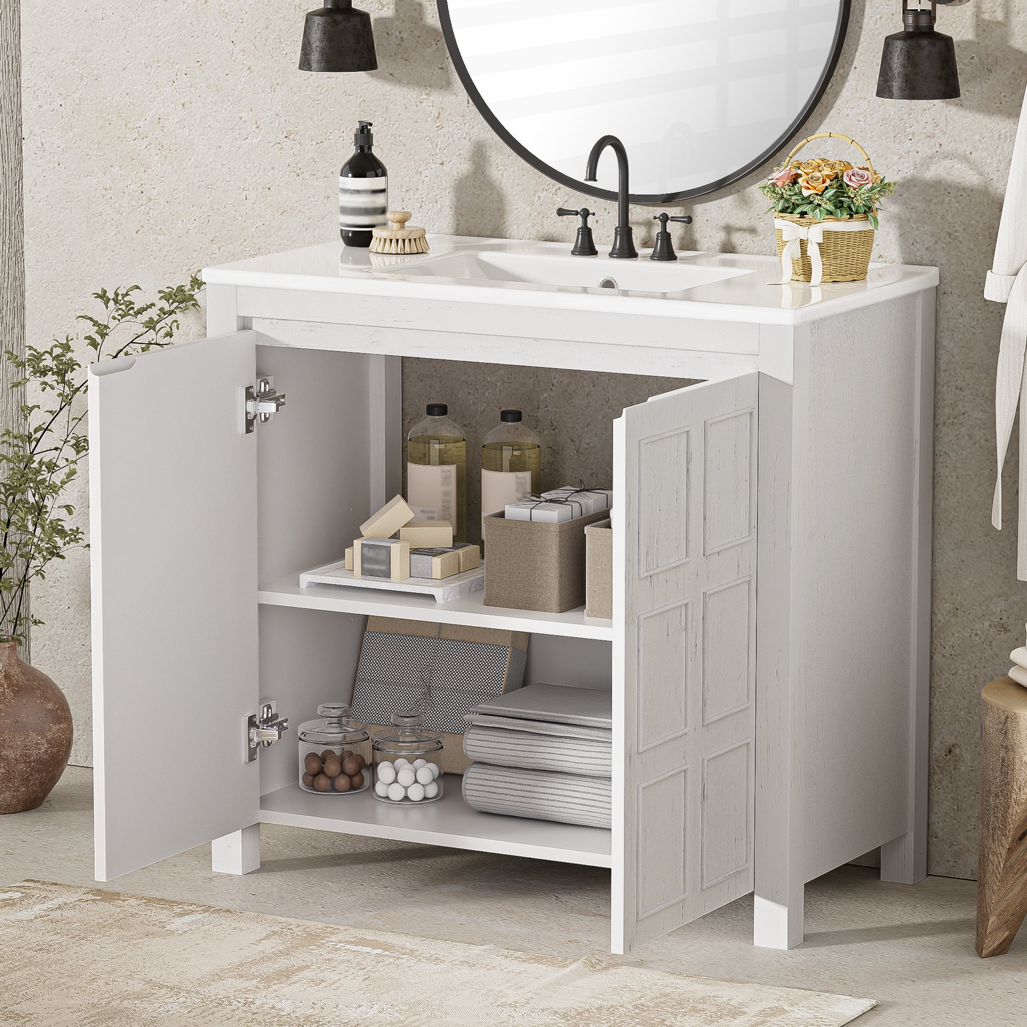 Euroco 36 " Bathroom Vanity Organizer with Ceramic Sink, Set Bathroom Storage Cabinet,Antique White