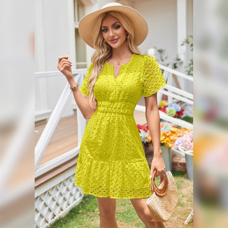 Women's White Dress Mini Dress Lace Eyelet Vacation Casual Split Neck Short Sleeve Black White Yellow Color