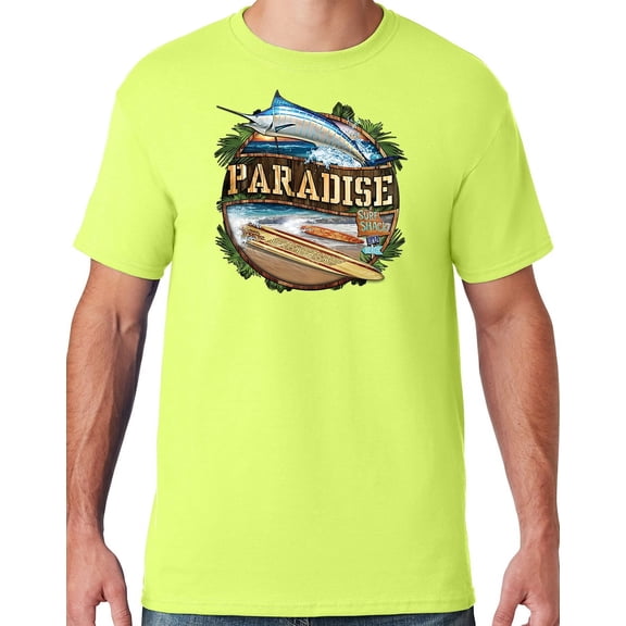 Mens Manu Bay Surf Company PARADISE SURF SHACK MARLIN T-shirt, Small Safety Green