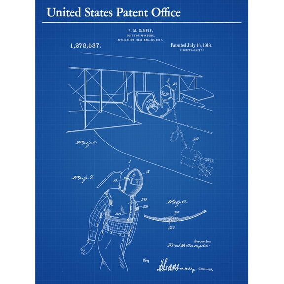 Sample Aviator Flight Suit 1918 Patent Plan Extra Large XL Wall Art Poster Print