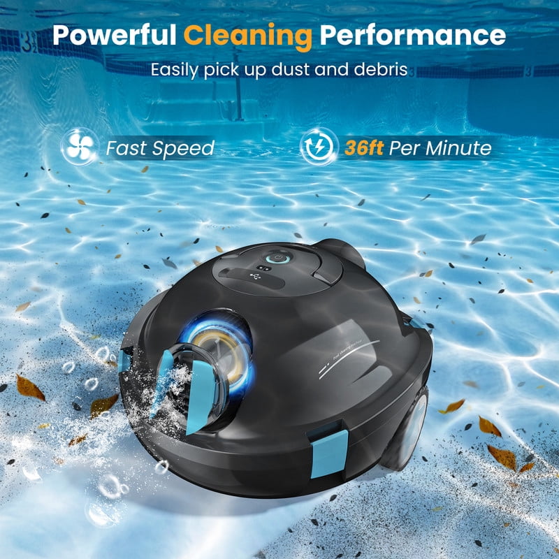 POWEART Cordless Robotic Pool Cleaner, 90-Min Auto Vacuum, Smart Edge Shutoff, Deep Clean, Large Filter Basket for Flat Above-Ground Swimming Pools