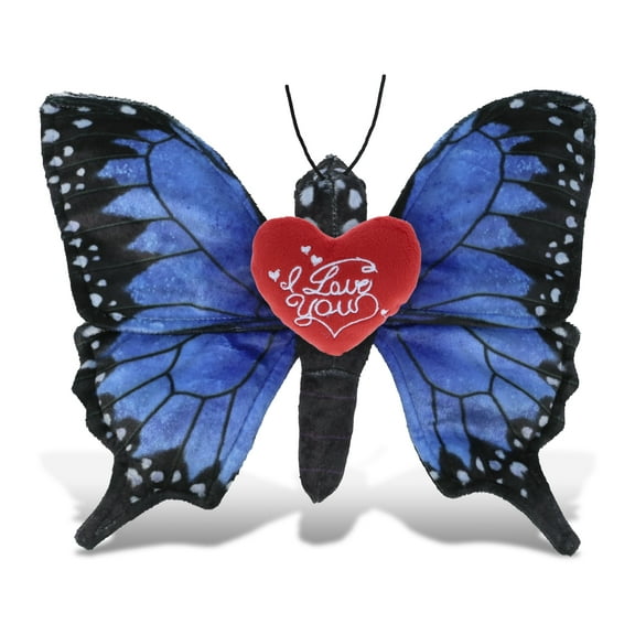 DolliBu I Love You Plush Wild Collection Blue Butterfly - Cute Stuffed Animal Butterfly with Red Heart Plush for Valentines, Anniversary, Romantic Date, Boyfriend, or Girlfriend Gift - 12 Inches