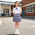 thumbnail image 6 of Kids Girls Preppy School Uniform 3-Piece Set Cotton Short Sleeve Blouse High Waist Purple Plaid Pleated Skirt with Bow Tie 3T,Size 12-13T, 6 of 6