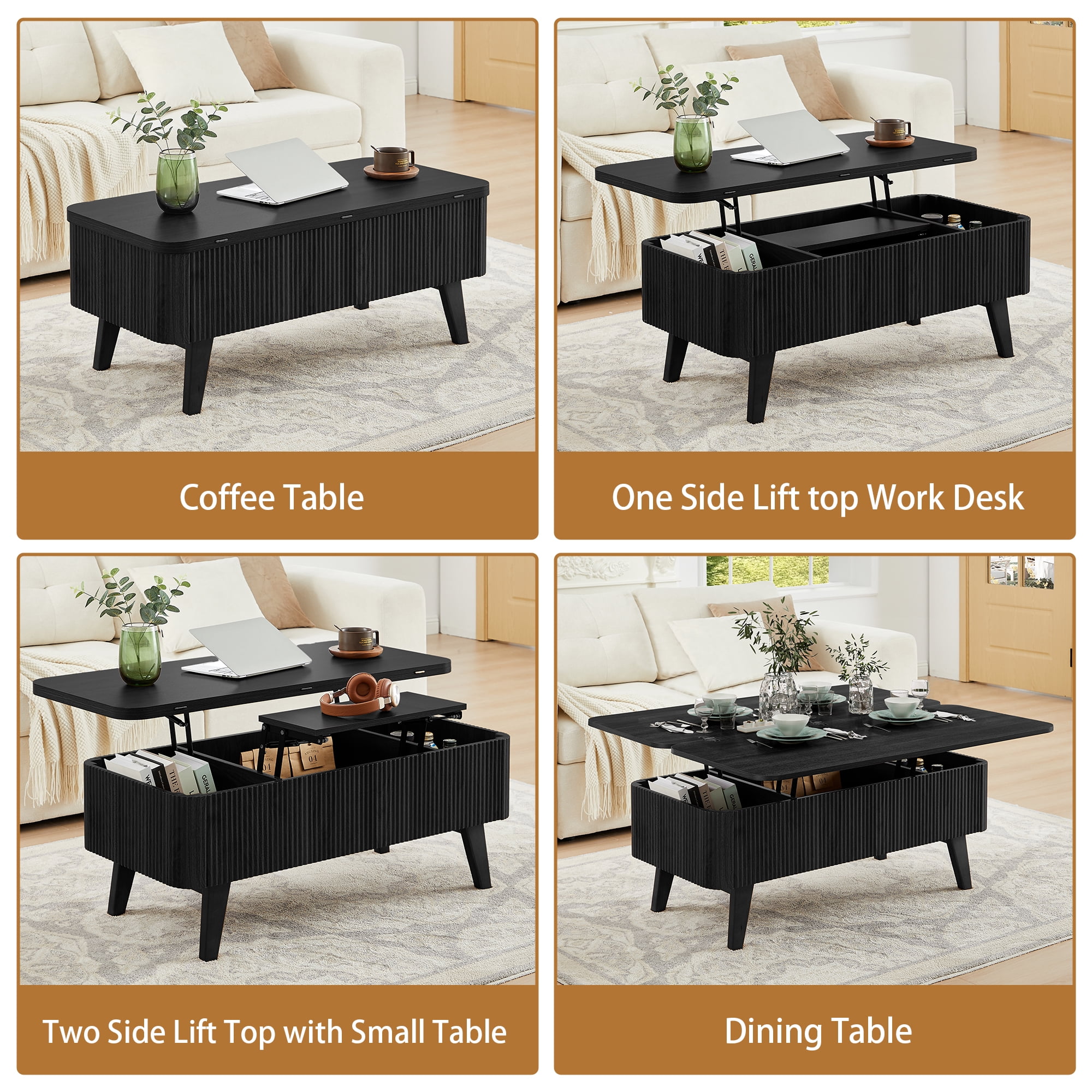 Wirrytor 3 in 1 Lift Top Coffee Table with Storage, Black Folding Desk for Small Spaces, Modern Center Table with Hidden Compartments for Living Room