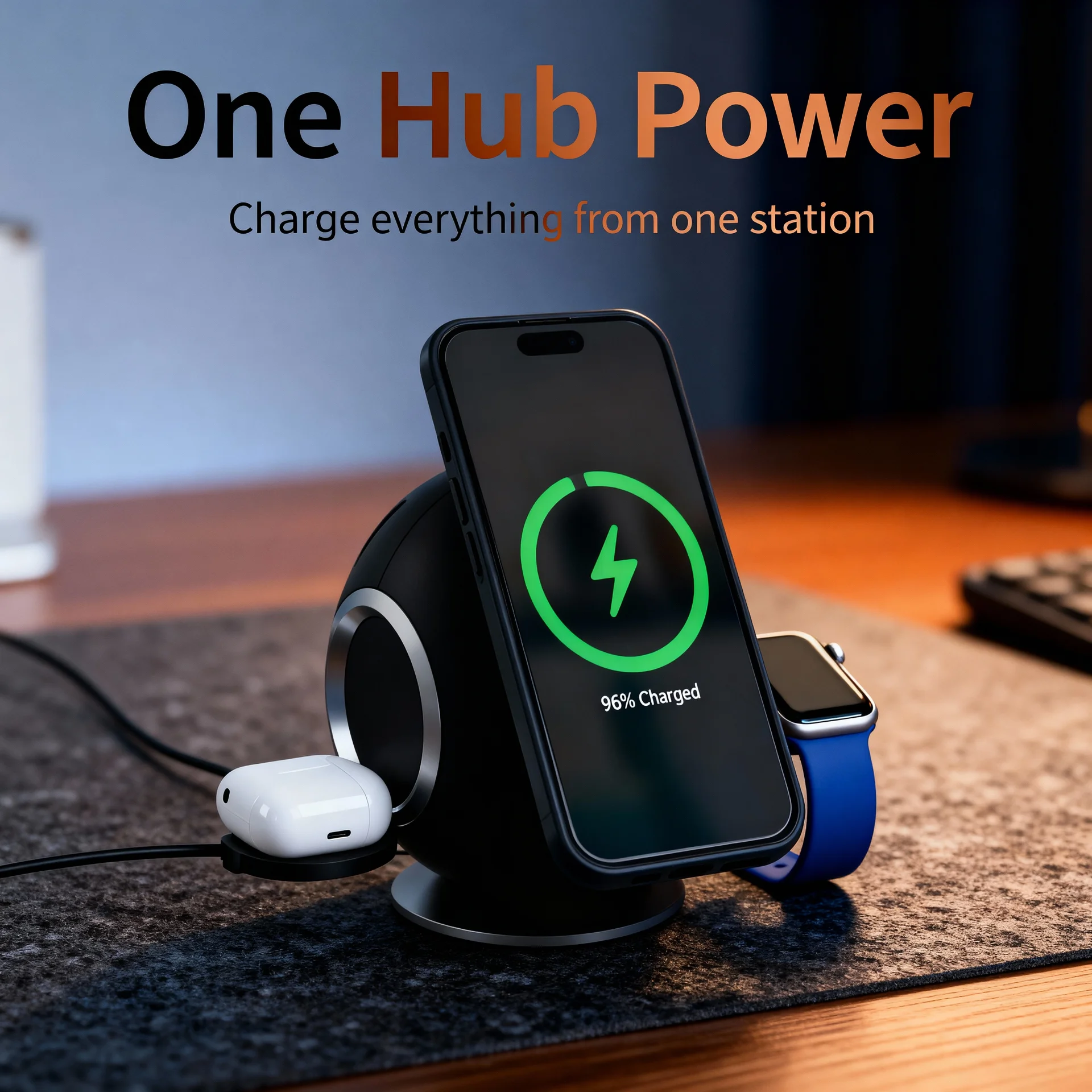 Monster 10-in-1 Charging Sphere Desktop Charging Station with Qi2 Magnetic Wireless Charging, 3 AC Outlets, 2 USB-C, 2 USB-A, Apple Watch & AirPods Charging Pads, 100W Total Output