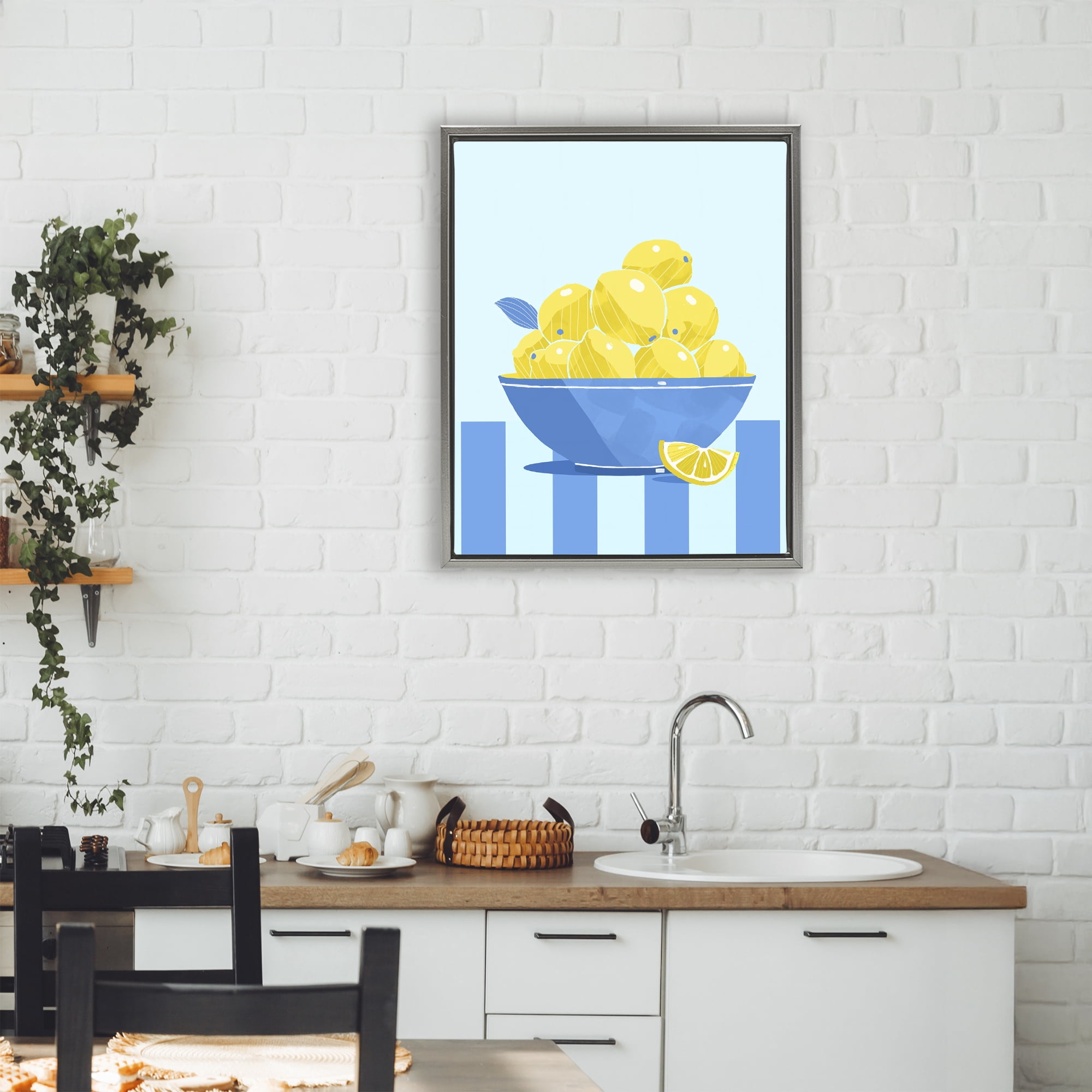 Stupell Industries Yellow Lemon Bowl Striped Gray Framed Floater Canvas Wall Art, design by Lucca Sheppard
