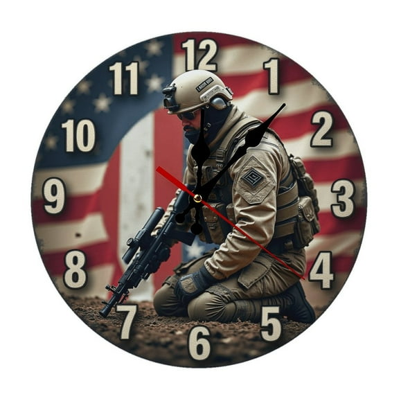 American Military Soldier Wall Clock 10 Inch Silent Non Ticking Round Wooden Clock Decoration for Living Room Kitchen Bedroom Bathroom Office Classroom