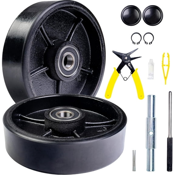 Pallet Jack/Truck Steering Wheels Set with Axle, Fasteners and Protective Caps (4 pcs) 7" x 2" with Bearings ID 20mm Poly Tread BLACK