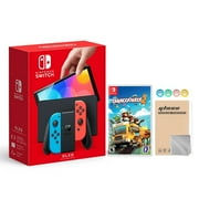 2021 New Nintendo Switch OLED Model Neon Red & Blue Joy Con 64GB Console HD Screen & LAN-Port Dock with Overcooked! 2 And Mytrix Joystick Caps & Screen Protector