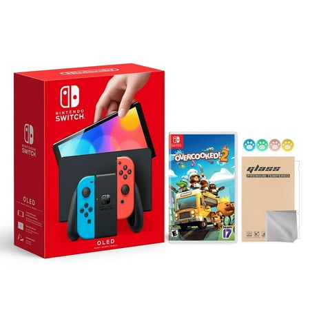 2021 New Nintendo Switch OLED Model Neon Red & Blue Joy Con 64GB Console HD Screen & LAN-Port Dock with Overcooked! 2 And Mytrix Joystick Caps & Screen Protector