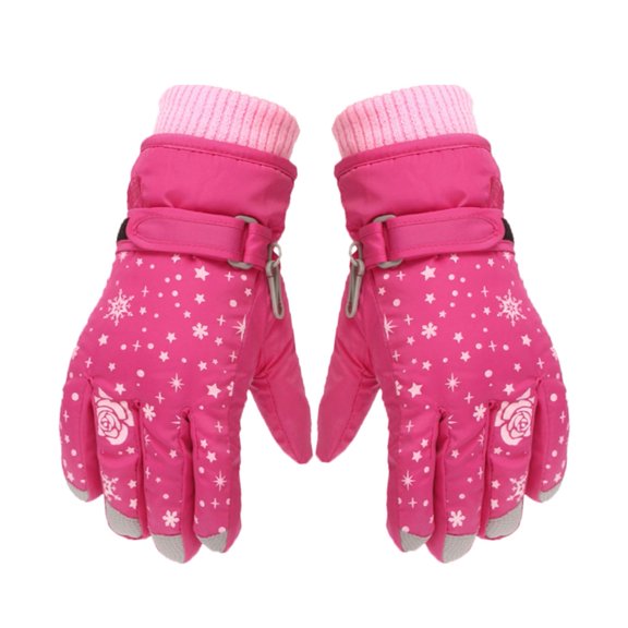 Kids Winter Ski Gloves, Rose Print Windproof Warm Gloves, Waterproof Outdoor Sports Gloves for 5-8 Y Girls Boys, Red
