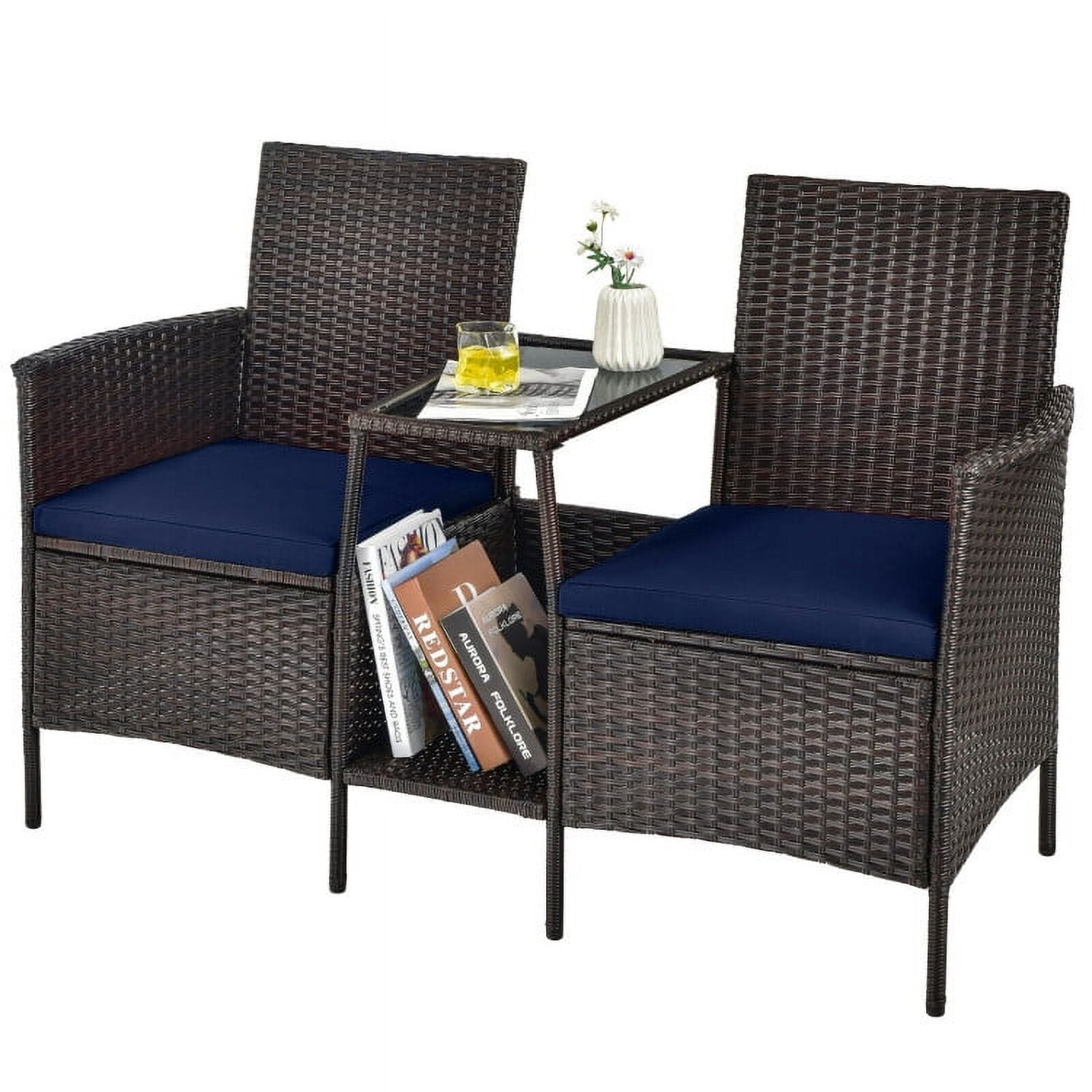 Aimee Lii Rattaner Outdoor Patio Furniture, Patio Rattan Wicker Conversation Set Sofa Cushioned Loveseat Glass Table, Navy Aimee Lii Rattaner Outdoor Patio Furniture, Patio Rattan Wicker Conversation Set Sofa Cushioned Loveseat Glass Table, Navy